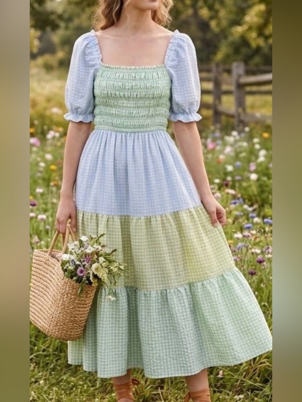 Greylin Nola Smocked Gingham Plaid Colorblock Tiered Midi Dress Sz M Pastel View 2
